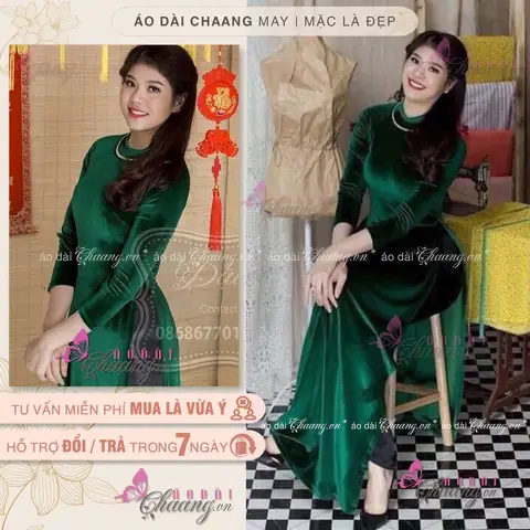 Áo Dài Nhung Xanh Rêu