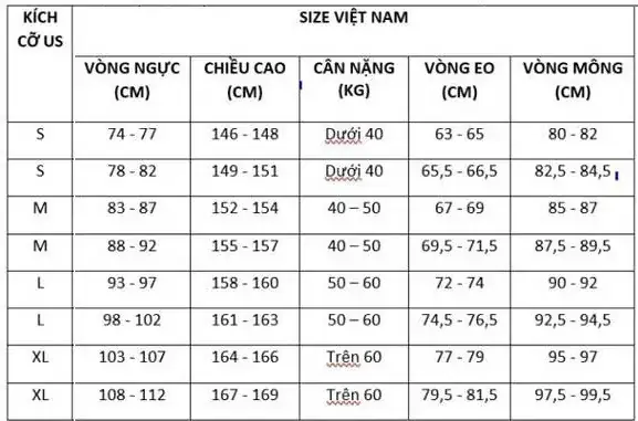 Bảng Size Áo Sơ Mi An Phước