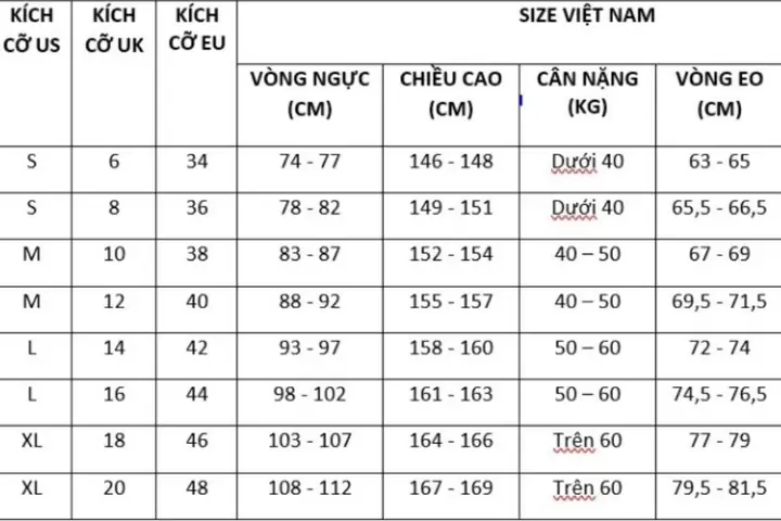 Size Us Và Size Việt Nam