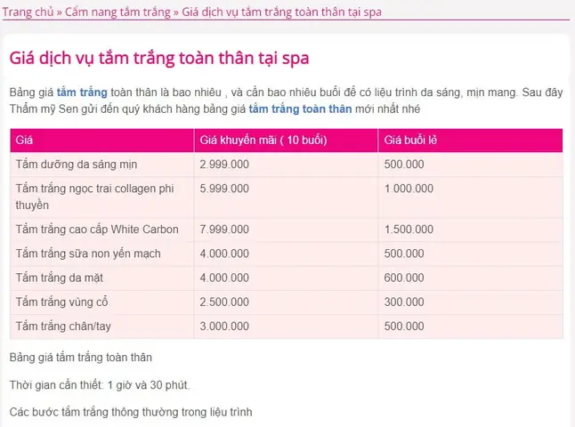 Tắm Trắng Spa Bao Nhiêu Tiền